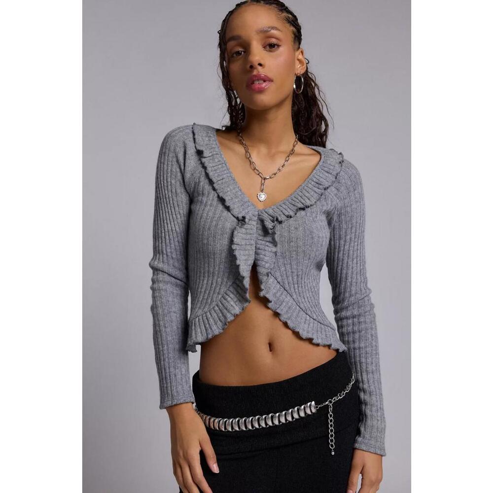 ReMADE By UO Wool Remnants Ruffle Trim Flayway Top Grey SMALL NWT